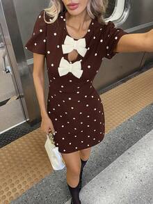 Siren Gaze Women's Bow Decor Polka Dot Print Short Sleeve Mini Dress - Brown - View 3