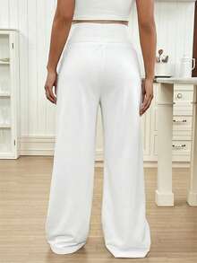 SHEIN Maternity Solid Color Drawstring Adjustable Waist Casual Wide Leg Pants - White - View 2