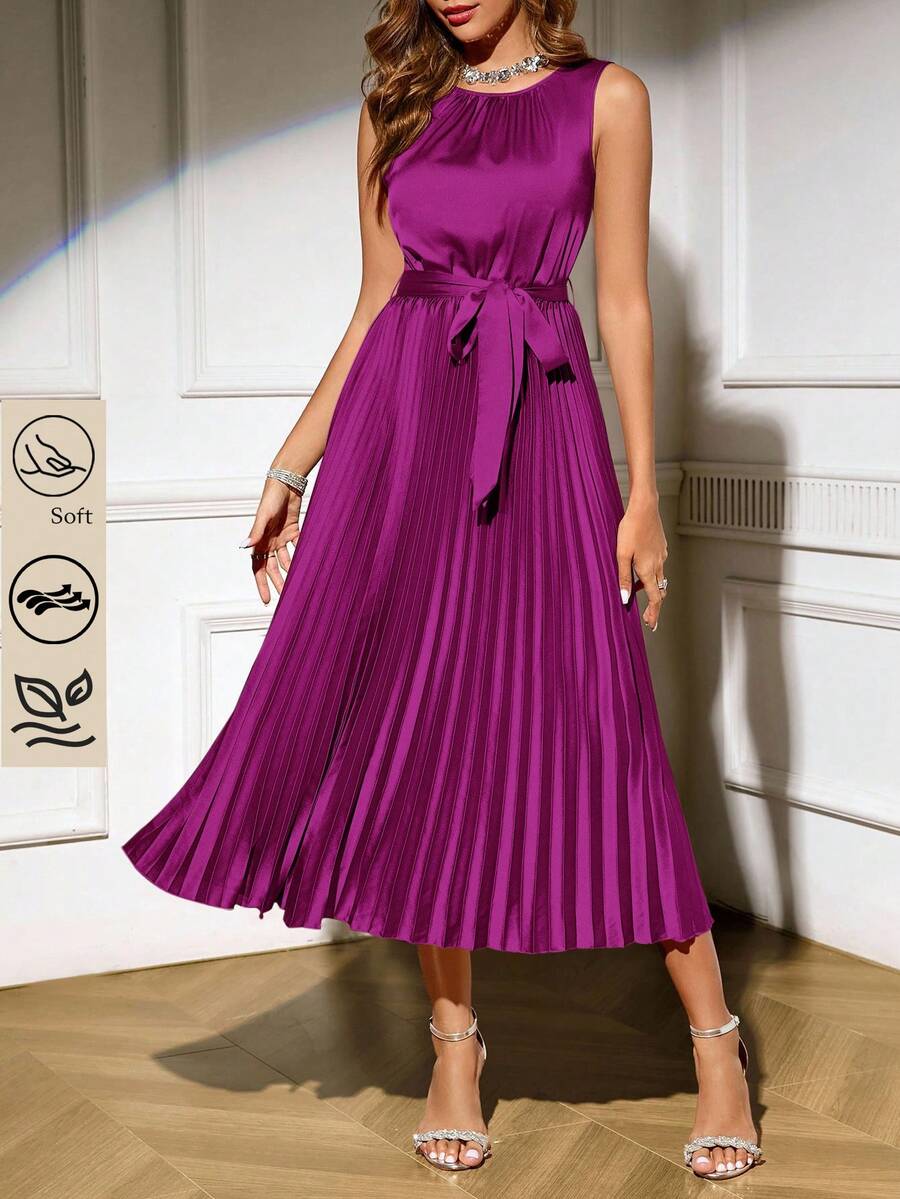 SHEIN Clasi 女士纯色圆领褶裥下摆优雅无袖中长连衣裙 - 中紫紅色 - 查看 1