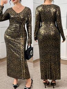Modelyn 大码豹纹V领褶皱修身长袖连衣裙 - 彩色 - 查看 1