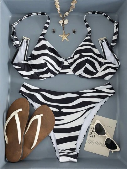 Swim Mod Plus Size Zebra Print Vacation Beach Swimsuit Set