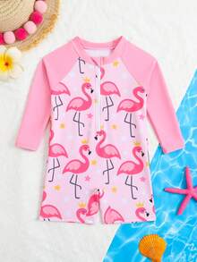 女婴/女童新款长袖连体泳衣，随机印花 - 粉色 - 查看 1