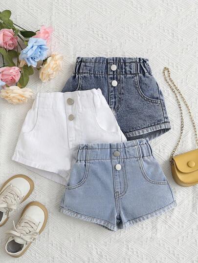 SHEIN Vintaside Kids Young Girl' Multi-Color All-Match Casual Loose Denim Shorts, Pack Of Multiple