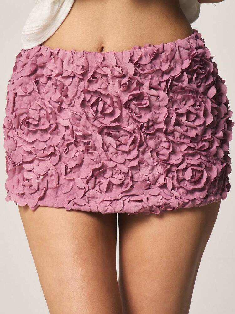 MISSGUIDED Saia Bodycon com Cós Elástico, Bordada com Aplicação Floral Micro Mini Texturizada em Rosa para Ocasiões de Festa de Verão
