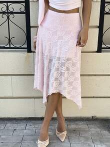 MainGRL Women's Pink Flower Jacquard Mesh Patchwork Casual Versatile Asymmetric Hem Skirt,Vacation Outfits Women,Beach Outfit,Valentine's Day - Pink - View 5