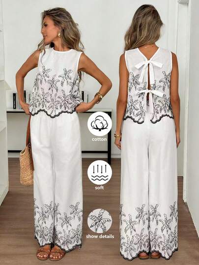 Elyressa Conjunto informal de chaleco y pantalones con estampado de palmeras, para vacaciones