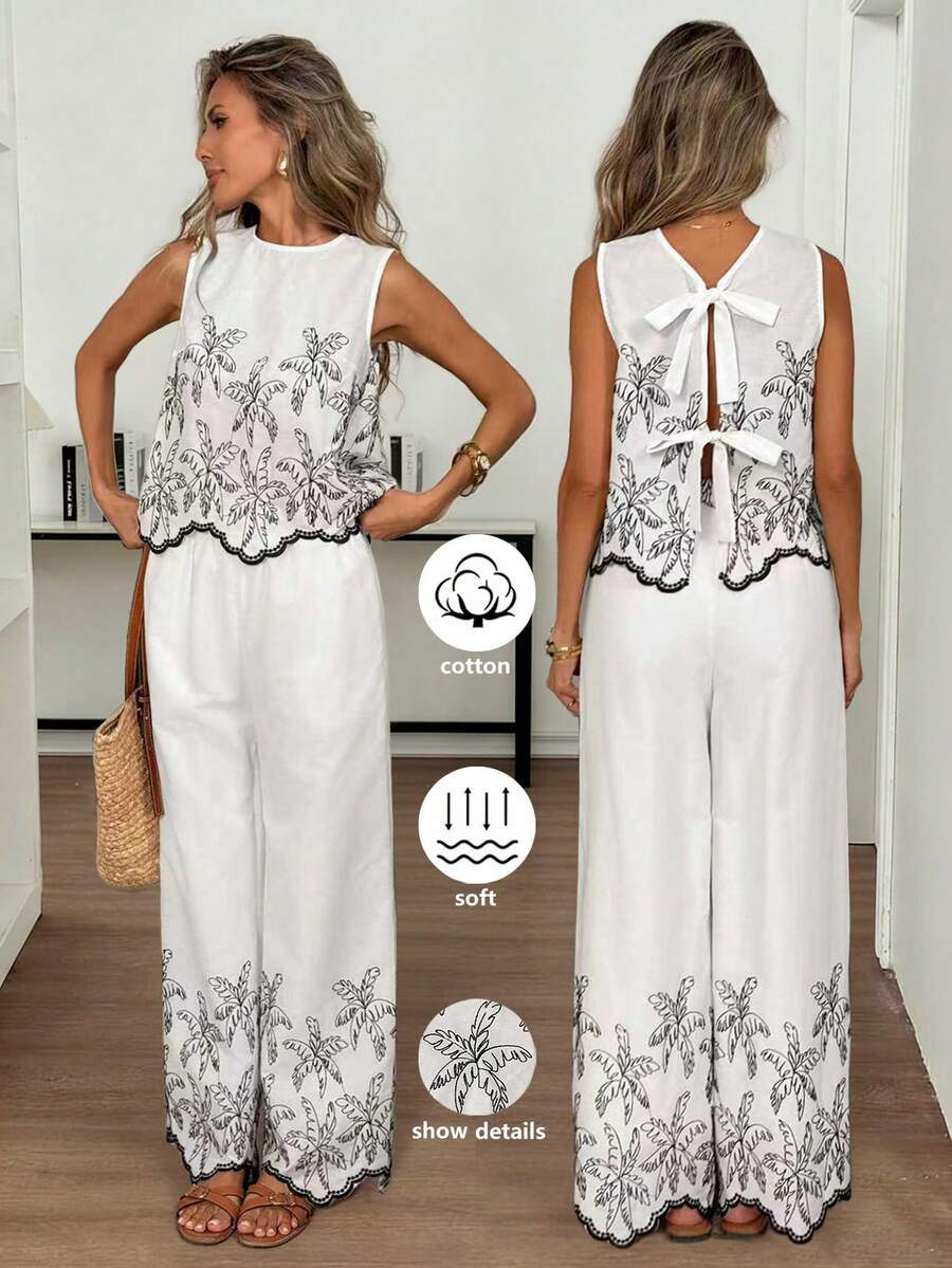 Elyressa 女士棕榈树印花圆领背心和裤子休闲套装，度假装 - 白色 - 查看 1