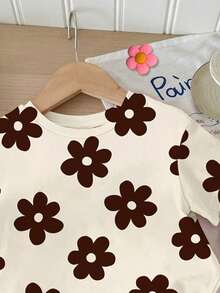 SHEIN LMoss Kids Bộ 2 món cho bé gái, áo và quần short in hoa dễ thương, màu dưa lưới, thích hợp cho ngày Valentine, kỳ nghỉ, mùa hè, hoạt động ngoài trời, đi học, mặc đôi cho chị em gái, đi nghỉ mát. - Nhiều màu - Xem 5