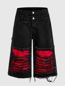 ROMWE MEN Street Life Men's Pocket Design Distressed Frayed Hem Fashionable Casual Denim Shorts - Black - View 8