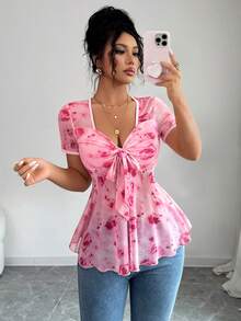 Elenzga 新款印花网纱透视短袖系带蝴蝶结设计休闲优雅女式T恤 - 彩色 - 查看 4