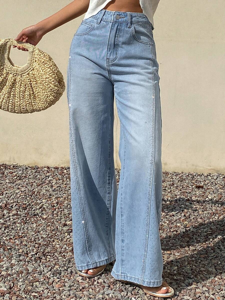DAZY Women's Casual Vacation & Commute Versatile Rhinestone Embellished Loose Wide-Leg Jeans - Light Wash - View 1