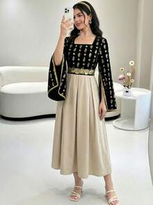 SHEIN 优雅迷人的黑金拼接方领披肩袖收腰连衣裙，阿拉伯长袍，端庄典雅 - 黑色 - 查看 3