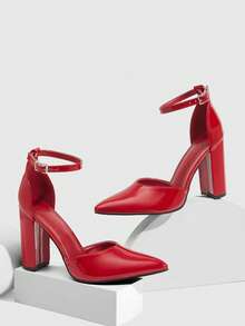 CUCCOO SZL Giày cao gót nữ mũi nhọn đế dày có khóa trang trí, giày bít mũi giả da lộn màu đen thanh lịch, quai ngang mắt cá chân, thích hợp cho mùa hè, lễ tốt nghiệp, dạ hội, du lịch, tiệc tùng, phong cách cá tính, tiệc đêm, đi chơi, mùa xuân, lễ Phục sinh, Giáng sinh. - Gương màu đỏ - Xem 1