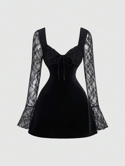 Sweetra Elegant French Autumn New Velvet & Contrast Lace Red Valentine's Day Series Dress, Sexy Party Unique Design Slash Neck Long Sleeve Mini Dress For Women