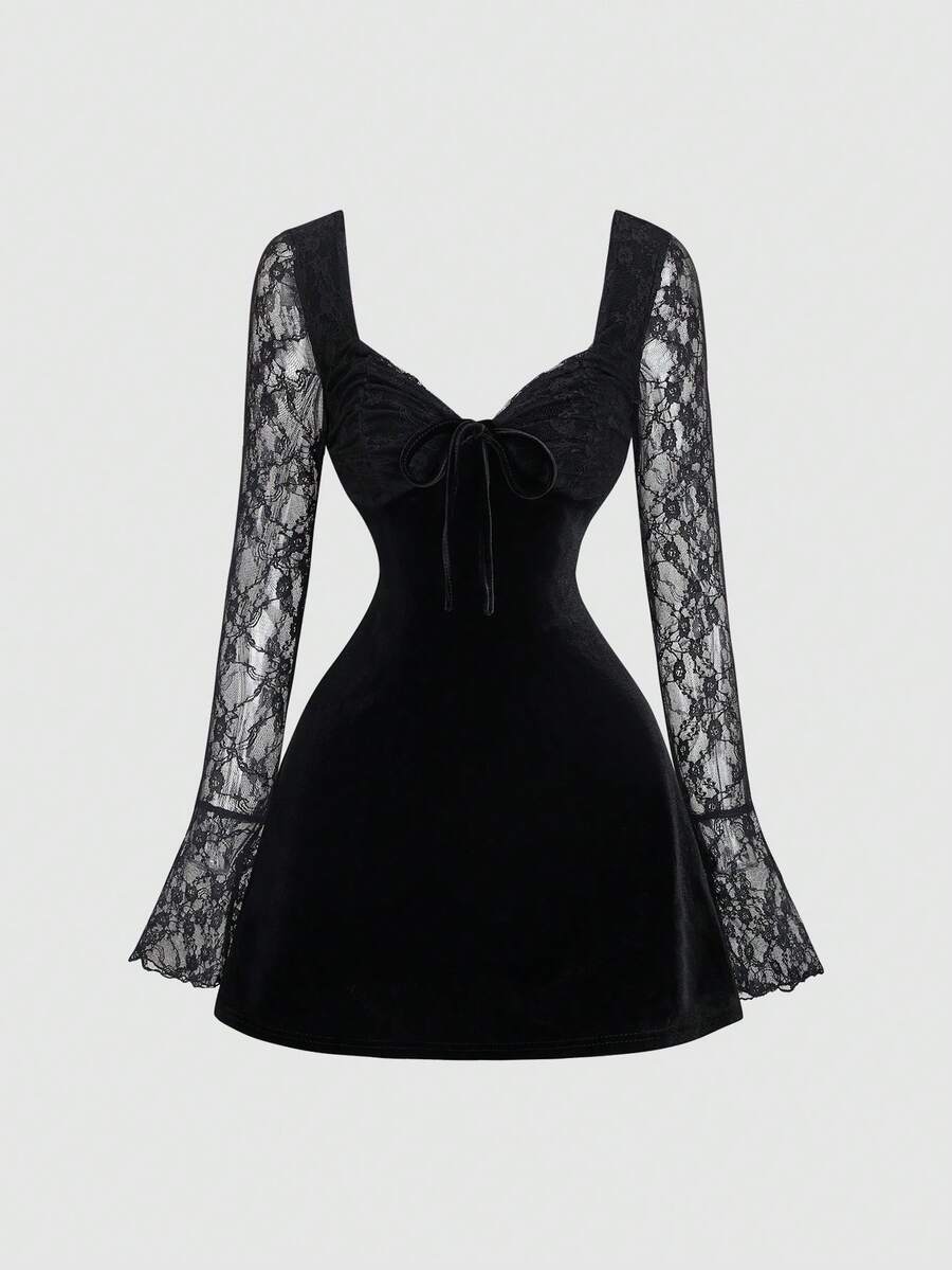 Sweetra 优雅法式秋季新款丝绒撞色蕾丝红色情人节系列连衣裙，性感派对独特设计斜领长袖迷你连衣裙，女士 - 黑色 - 查看 1