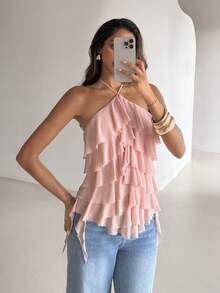 Aloruh Women's Elegant Romantic Tie-Up Neck Layered Ruffle Hem Pink Beach Vacation Date Top - Baby Pink - View 7