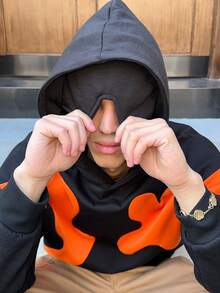 SWAVVY 男士印花落肩长袖休闲口袋宽松连帽衫 - 黑色 - 查看 7