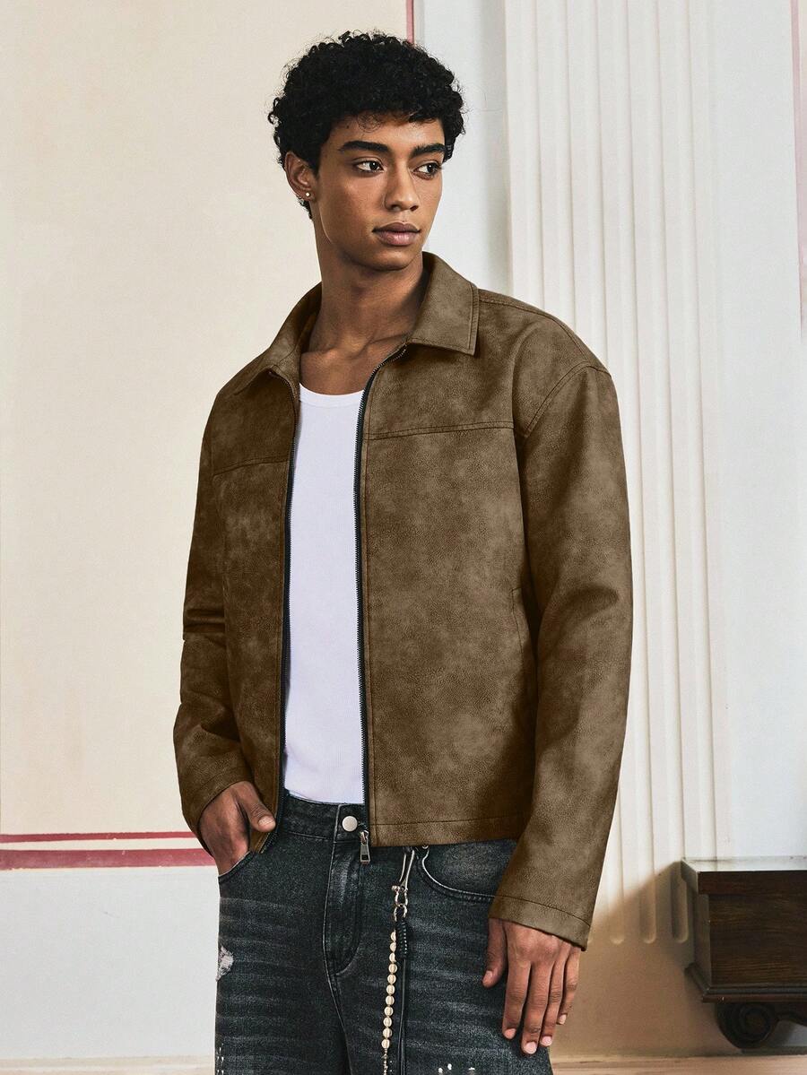 SWAVVY Men's Vintage PU Leather Drop Shoulder Loose Zip-Up Short Jacket Men's Mocha Bomber Jacket Cropped Men Jacket Earthy Clothes Men - Brown - View 1