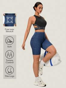 Flexra High Stretch Fitted Versatile Yoga Multi-Pocket High Waist Women Denim Shorts - Medium Wash - View 1