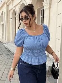 SHEIN ICON Plus Size Solid Color Square Neck Ruched Bust Short Sleeve Denim Blouse - Light Wash - View 4