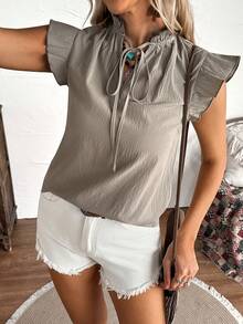 SHEIN LilyWest Women's Linen V-Neck Tie-Up Frill Trim Loose Solid Color Textured Short Sleeve Casual Shirt, Spring/Summer - Khaki - View 1