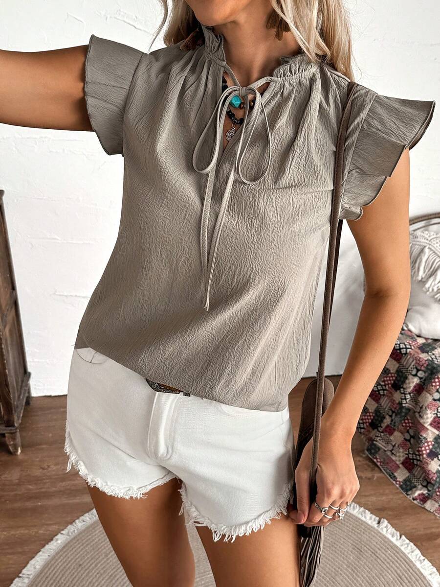 SHEIN LilyWest Women's Linen V-Neck Tie-Up Frill Trim Loose Solid Color Textured Short Sleeve Casual Shirt, Spring/Summer - Khaki - View 1