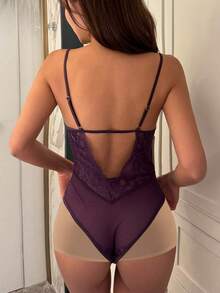 DAZY Sexy Lace & Mesh Contrast See-Through Backless Spaghetti Strap Bodysuit, Going Out Lingerie For Women - Purple - View 7