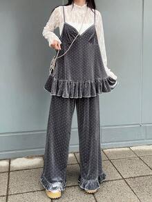 FRIFUL Women's Polka Dot Velvet Fabric Top With A-Line Silhouette, Layered Camisole With Ruffle Hem, Paired With Straight Leg Pants With Ruffle Hem, Loose Casual Two Pieces Set, Suitable For Autumn Spring - Grey - View 5