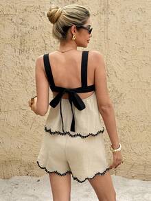 SHEIN Frenchy 女士夏季休闲性感度假风撞色露背系带拼接钩花边吊带背心和短裤两件套 - 杏色 - 查看 4