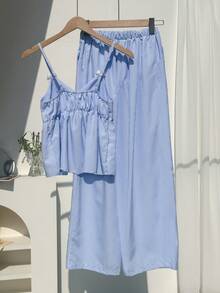 少女优雅蓝色条纹吊带背心和直筒裤夏季两件套，适合度假、校园、通勤、假日、日常休闲穿着，时尚百搭。 - 藍白色 - 查看 2