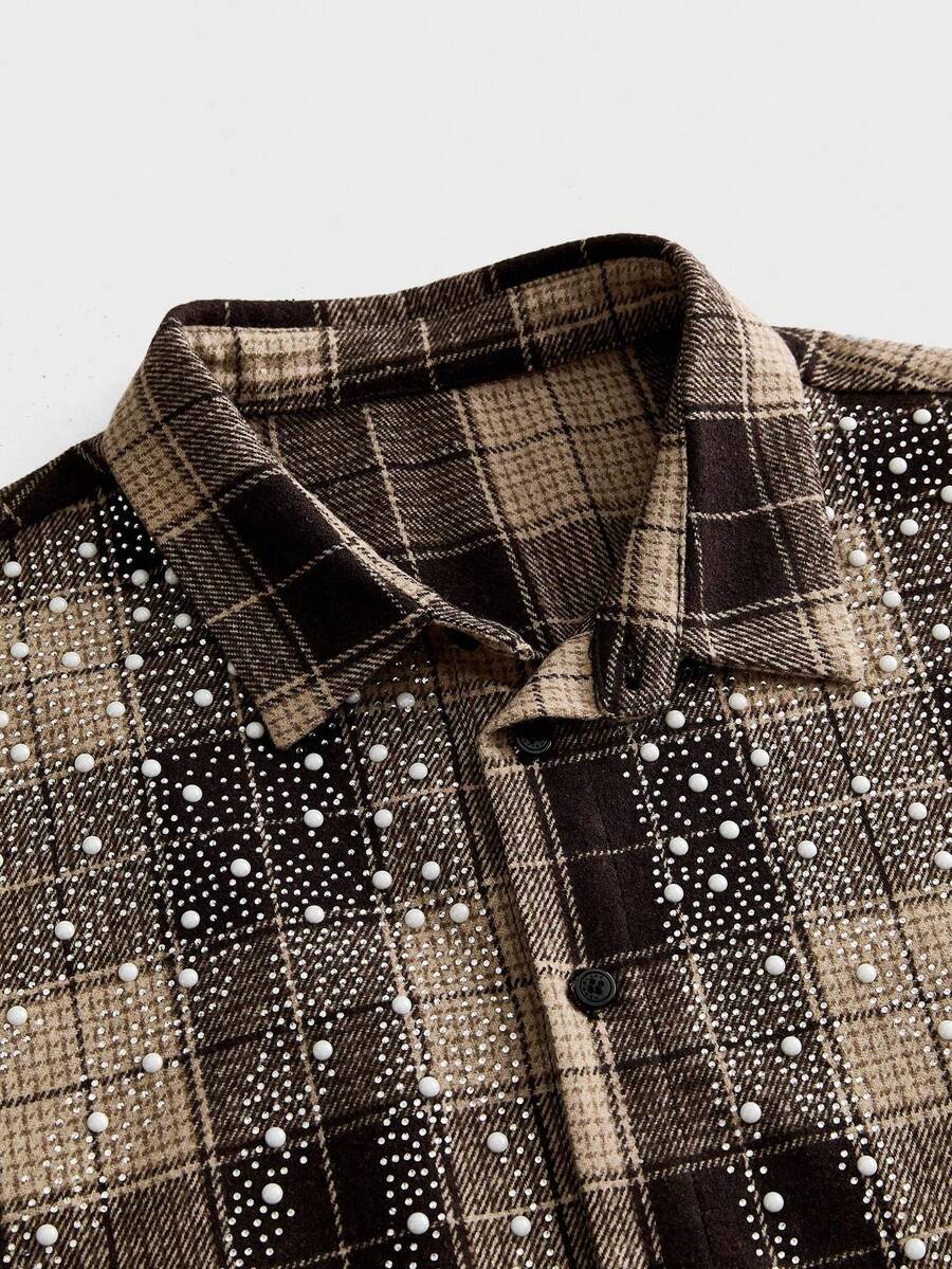 NEON BLANC Men's Fashion Plaid Front Button Rhinestone Embellished Short Sleeve Shirt, Summer - Brown - View 1