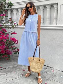 SHEIN Holidaya Women's Striped Sleeveless Cardigan And Maxi Skirt Set, Suitable For Commuting And Vacation, Summer - Blue and White - View 6