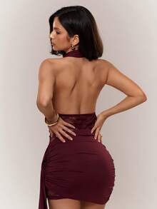 Aloruh Wine Red Romantic Date Sexy Bodycon Deep V Ruched Mini Dress For Women,Summer Dresses For Women - Burgundy - View 2