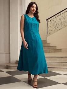 ZEYLAH 无袖亚麻修身中长连衣裙，春夏款 - 水鴨藍 - 查看 1