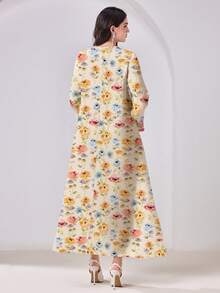 Al Najma Women's Modest Arabic Kaftan Maxi Dress – Ivory Pastel Floral Print With Faux Embroidery V-Neck, Long Bell Sleeves, Boho Abaya Style Vacation & Wedding Guest,Casual Floral Print Long Sleeve Modest Arabic Dress Floral Women Dresses Dress Modest Turkish Dress - Multicolor - View 3