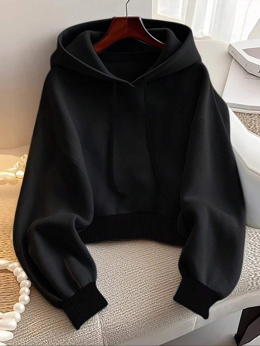 Women's Solid Color Long Sleeve Casual Loose Fit Hooded Sweatshirt - Black - View 1