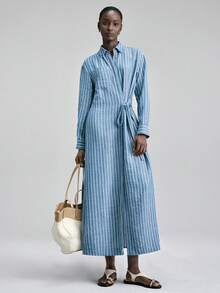 Ontre Women's Blue & White Vertical Striped Fabric Fitted Silhouette Dropped Shoulder Long Sleeve Waist Tie Sophisticated Elegant Wedding Guest Outfit, Minimalist Romantic French Luxe Urban Chic Business Casual Office Wear, Low-Key Old Money Vibe High-End City Commute High-Quality Airport Cruise Middle East Essential Versatile All-Season Wedding Series Women Shirt Dress - Multicolor - View 4