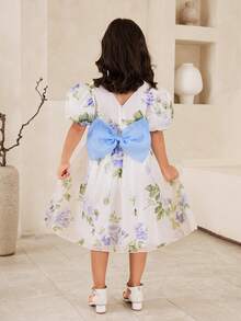 SHEIN Glamorique Kids Young Girl Elegant Starry Print Puff Sleeve Dress With Detachable Blue Cinched Waist, Layered Ruffle Skirt, Lovely And - Blue - View 2