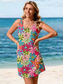 Sylviya 女士休闲彩色花卉印花圆领无袖连衣裙，适合夏季