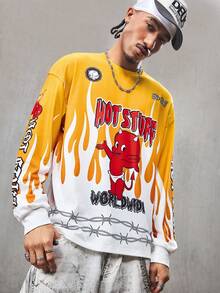 SHEIN HOT STUFF Men's Casual Street Flame & Letter Graphic Loose Fit Long Sleeve T-Shirt, Suitable For Daily Commute, Spring/Autumn - Pale Yellow - View 7