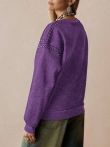Florisole Women's Elegant Casual Studded Faux Distressed Print Sweatshirt - Purple - View 2