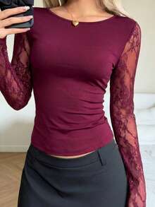 CovetEZ Women's Burgundy Lace Contrast Mesh Sexy T-Shirt, Summer Lace Patchwork T-Shirt, Suitable For Valentine's Day Date, New Year Party And Daily Wear Burgundy Lace Long Sleeve Top Wine Red Lace Top - Burgundy - View 2