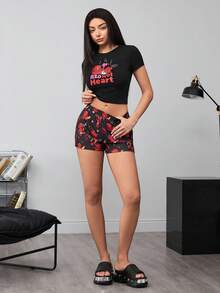 SHEIN HOT STUFF Women's Casual Letter Print Short Sleeve T-Shirt And Shorts Pajama Set, Summer - Black - View 6