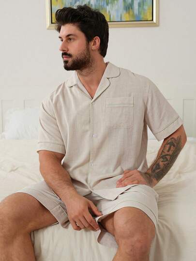 DAZY 杏色短袖衬衫和短裤男士睡衣套装，夏季