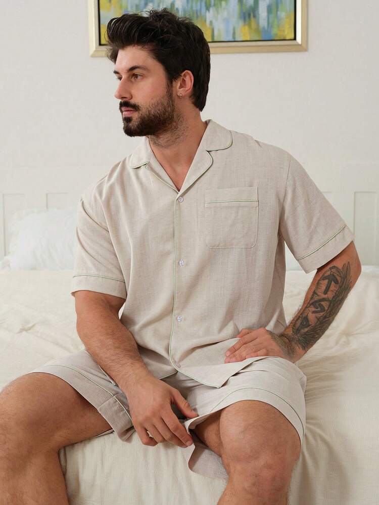Apricot Short Sleeve Shirt And Shorts Men's Pajama Set, Summer