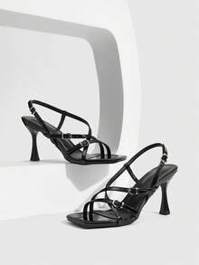 CUCCOO SZL New Square Toe Thin Heel Sandals Women, Patent Leather Criss-Cross Stilettos Metal Buckle Open Toe High Heels Valentine's Day - Black - View 1