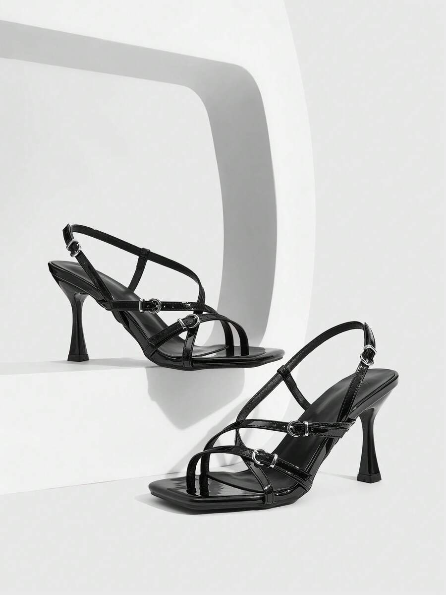 CUCCOO SZL New Square Toe Thin Heel Sandals Women, Patent Leather Criss-Cross Stilettos Metal Buckle Open Toe High Heels Valentine's Day - Black - View 1