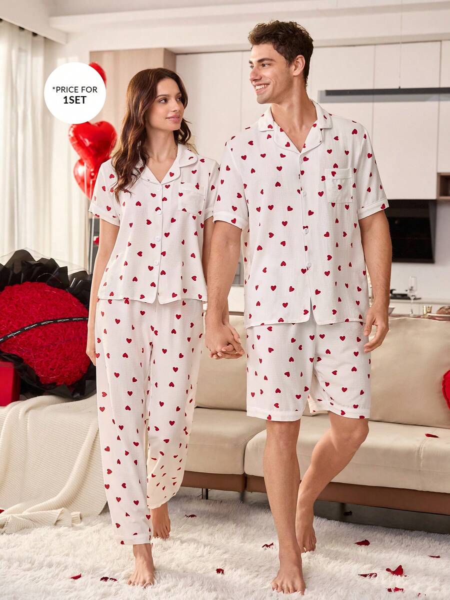 SHEIN Men's Casual Crinkle Burgundy Heart Print White Base Button-Front Pajama Set - White - View 1