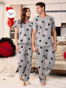 CoupledUp Star Print Short Sleeve Pants Men Pajama Set - Grey - View 6