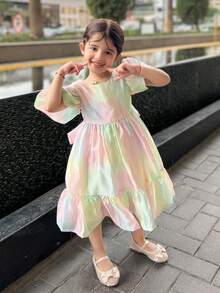 DAZY 女童彩虹色泡泡袖仙女连衣裙，夏季 - 粉色 - 查看 1